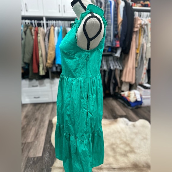 J. Crew Tiered Ruffle Sleeve Cotton Poplin Midi Dress Green XS 0 - Picture 2 of 5